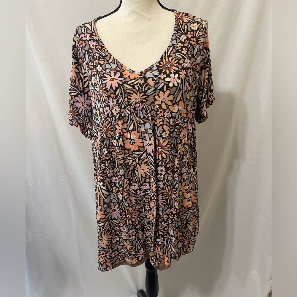 Women’s Large brown floral short-sleeve V-neck babydoll dress GENTLY WORN LN